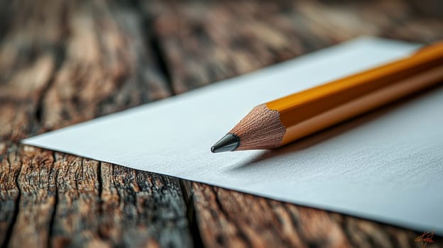 A minimalist scene of a pencil placed next to a blank white sheet of paper on a rustic wooden table, capturing the essence of creativity and potential. The clean layout invites ideas, notes, or drawings to come to life, while the wooden background adds a warm, natural touch to the composition.