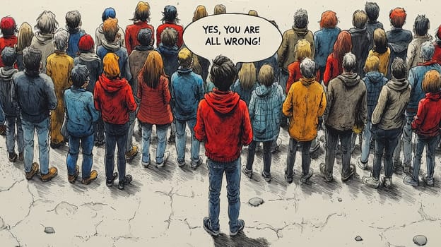 This vibrant cartoon depicts a diverse crowd fixated on a single figure at the forefront, confidently proclaiming, "YES, YOU ARE ALL WRONG!"" The illustration captures the essence of dissent and the courage to challenge prevailing opinions. With expressive characters and dynamic composition, it serves as a powerful commentary on the nature of belief and the importance of individual perspectives in political discourse."