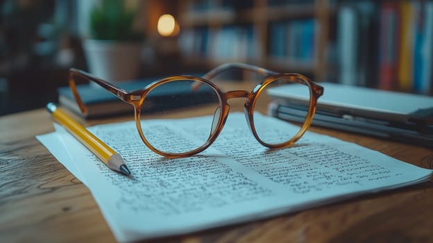 A well-organized workspace featuring a pencil, a blank sheet of paper, a pair of glasses, and a smartphone arranged on a wooden table. This scene reflects productivity and focus, combining traditional and modern tools for creativity, planning, or study.