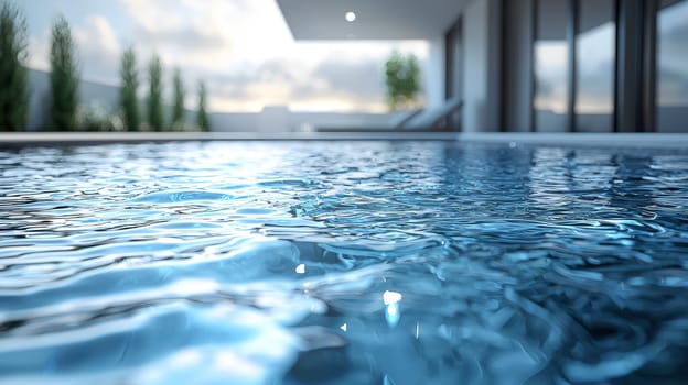 A tranquil close-up of rippling water in a modern swimming pool, capturing the soft reflections of the sky. The gentle movement of the water creates an inviting, peaceful atmosphere, evoking a sense of calm and relaxation. The serene scene highlights the interplay between light, water, and nature.