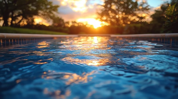 A tranquil close-up of rippling water in a modern swimming pool, capturing the soft reflections of the sky. The gentle movement of the water creates an inviting, peaceful atmosphere, evoking a sense of calm and relaxation. The serene scene highlights the interplay between light, water, and nature.