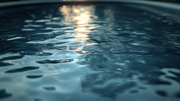A tranquil close-up of rippling water in a modern swimming pool, capturing the soft reflections of the sky. The gentle movement of the water creates an inviting, peaceful atmosphere, evoking a sense of calm and relaxation. The serene scene highlights the interplay between light, water, and nature.