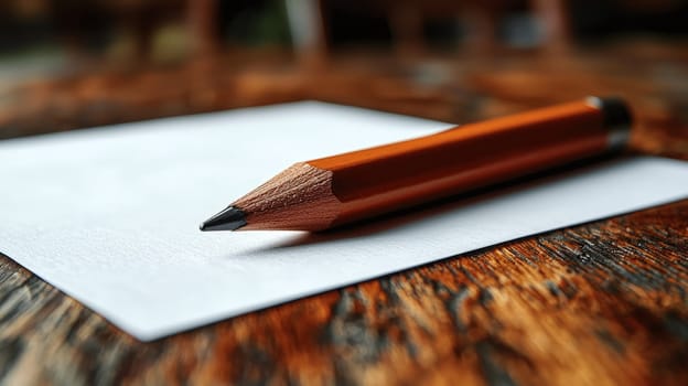 A simple yet evocative scene of a pencil resting beside a blank white sheet of paper on a wooden table. This minimalist setup symbolizes creativity, inspiration, and the endless possibilities that arise from a blank page, ready for ideas to be brought to life.