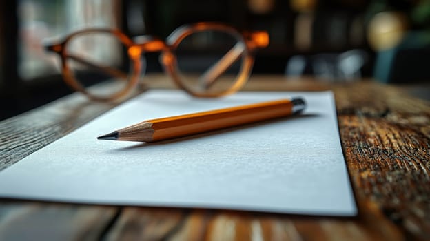 A well-organized workspace featuring a pencil, a blank sheet of paper, a pair of glasses, and a smartphone arranged on a wooden table. This scene reflects productivity and focus, combining traditional and modern tools for creativity, planning, or study.