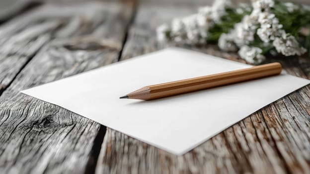 A simple yet evocative scene of a pencil resting beside a blank white sheet of paper on a wooden table. This minimalist setup symbolizes creativity, inspiration, and the endless possibilities that arise from a blank page, ready for ideas to be brought to life.