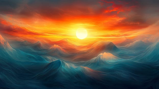 An abstract depiction of a sunrise as experienced through senses beyond sight, imagining how warmth and the promise of a new day guide the vision. The sun is portrayed as a wave of glowing warmth, blending soft blues, oranges, and yellows. The horizon exudes a tactile essence, representing the sensations of morning air and the sound of awakening birds. The light expands, radiating calm, hope, and renewal, evoking a world felt more than seen.