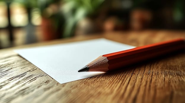 A simple yet evocative scene of a pencil resting beside a blank white sheet of paper on a wooden table. This minimalist setup symbolizes creativity, inspiration, and the endless possibilities that arise from a blank page, ready for ideas to be brought to life.