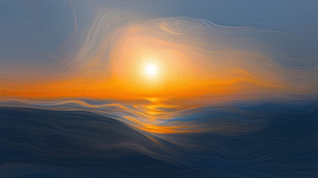 An abstract depiction of a sunrise as experienced through senses beyond sight, imagining how warmth and the promise of a new day guide the vision. The sun is portrayed as a wave of glowing warmth, blending soft blues, oranges, and yellows. The horizon exudes a tactile essence, representing the sensations of morning air and the sound of awakening birds. The light expands, radiating calm, hope, and renewal, evoking a world felt more than seen.