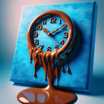 A clock made of melting chocolate, dripping down a blue canvas. A high-quality AI-generated photo.
