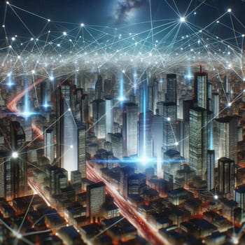 A futuristic cityscape with a network of glowing lines connecting the buildings, representing technology and connectivity. A high-quality AI-generated photo.