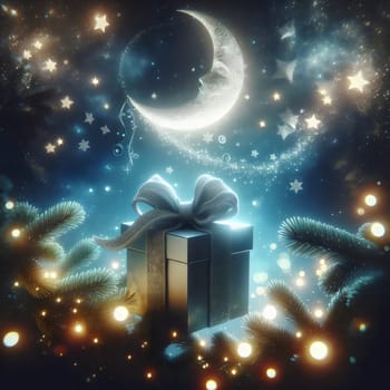 A black gift box with a silver ribbon, placed under a crescent moon with stars in the night sky. A high-quality AI-generated photo.