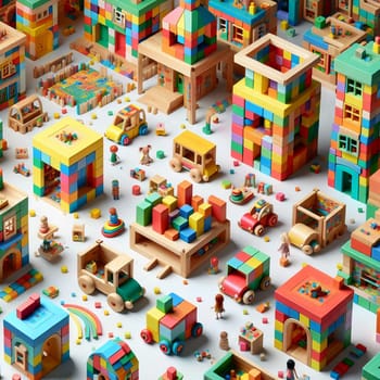 A scene of a miniature city made of colorful wooden blocks. A high-quality AI-generated photo.