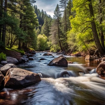 A river flowing through a forest with large rocks and sunlight filtering through the trees. A high-quality AI-generated photo.
