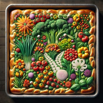A creative food art piece depicting a garden made of vegetables and dough. A high-quality AI-generated photo.