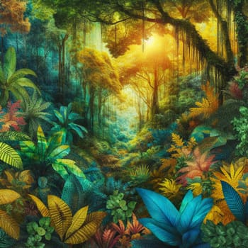 A lush, vibrant jungle scene with sunlight streaming through the dense foliage. A high-quality AI-generated photo.
