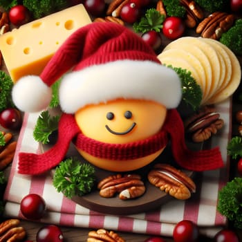 A smiling cheese ball wearing a Santa hat and scarf, surrounded by cheese slices, cranberries, and pecans. A high-quality AI-generated photo.