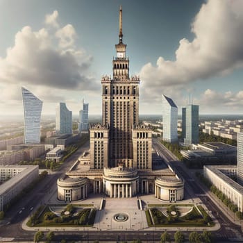An aerial view of the Palace of Culture and Science in Warsaw, Poland, surrounded by modern skyscrapers. A high-quality AI-generated photo.