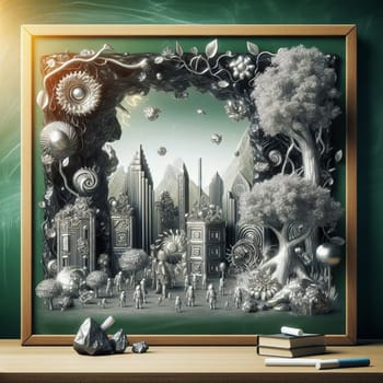 A surreal, black and white image of a cityscape and forest framed within a chalkboard, representing the concept of imagination and creativity. A high-quality AI-generated photo.