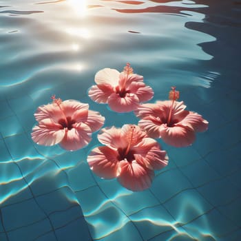 Four pink hibiscus flowers floating in a blue swimming pool. A high-quality AI-generated photo.