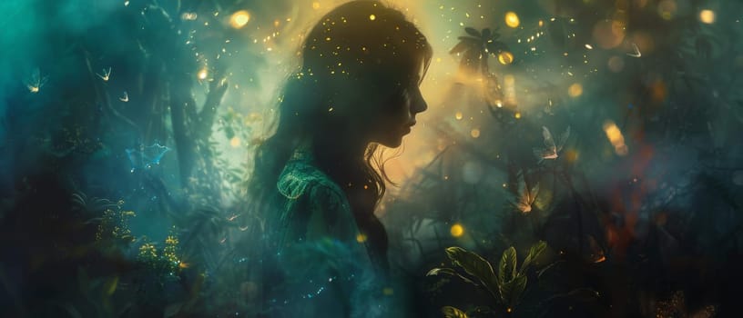 In this enigmatic image, a woman's silhouette merges with a forest backdrop, highlighted by specks of light suggesting a supernatural presence. The fusion of figure and nature evokes a sense of deep