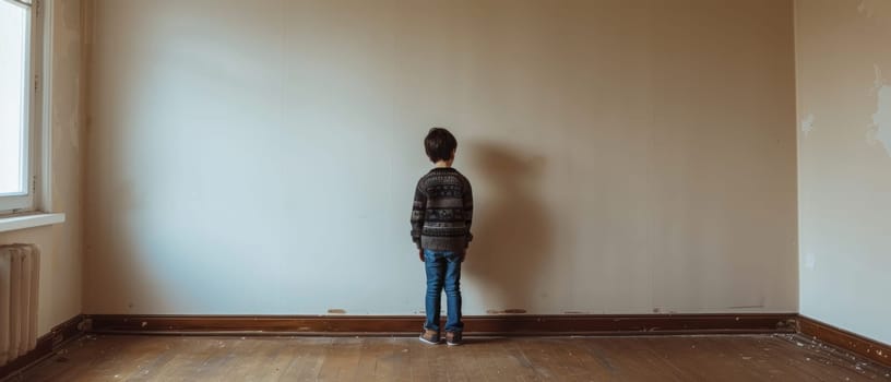 A child stands facing the blank expanse of a bare wall, embodying the stillness and simplicity of a disciplinary time-out. The empty space mirrors the concept of reflection