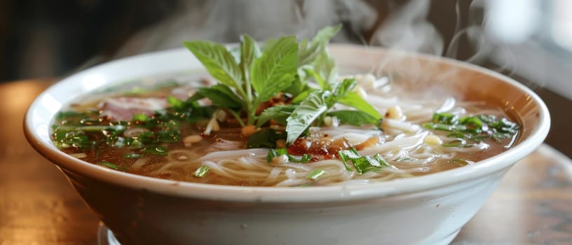 Steaming bowl of Asian noodle soup with tender beef slices, fresh herbs, and chopsticks on a rustic table