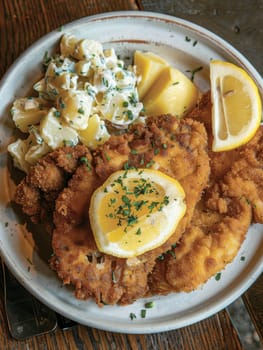 Delicious breaded fried fish served with lemon, fresh salad, and boiled potatoes on a dark plate