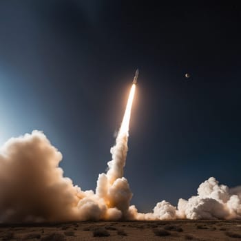 A rocket launching into space at night, with a bright trail of fire and smoke, surrounded by stars. The image represents humanity's ambition to explore the cosmos. A high-quality AI-generated photo.