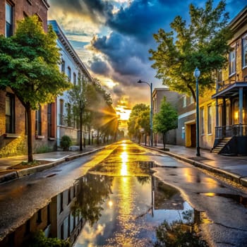 A street scene with a golden sunrise reflecting in a puddle. The image evokes a sense of warmth and hope. A high-quality AI-generated photo.