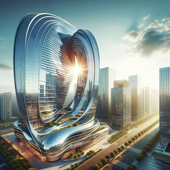 An aerial view of a futuristic skyscraper with a unique, swirling design. The skyscraper features glass and metal elements, creating a modern and dynamic look. A high-quality AI-generated photo.