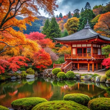 A traditional Japanese temple with a red roof, surrounded by a pond and colorful autumn foliage. The image evokes a sense of peace and tranquility. A high-quality AI-generated photo.