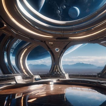 An interior scene of a futuristic spaceship with large windows overlooking a desert planet and multiple moons. evoking a sense of wonder and possibility. A high-quality AI-generated photo.