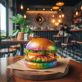 A close-up shot of a colorful burger with a rainbow bun, served on a wooden plate in a cafe setting. The burger is filled with lettuce, tomato, and a juicy patty. A high-quality AI-generated photo.