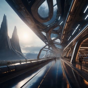 A futuristic scene featuring a large, open walkway with tall, jagged mountains. The walkway is illuminated by natural light and features a sci-fi aesthetic. A high-quality AI-generated photo.