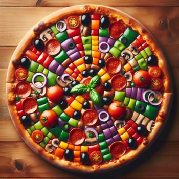 A colorful pizza with toppings arranged in a mosaic pattern, representing a playful and creative approach to food. A high-quality AI-generated photo.