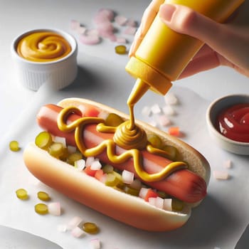 A close-up of a hot dog with mustard being squeezed on top. The image focuses on the details of the hot dog and the process of adding condiments. A high-quality AI-generated photo.