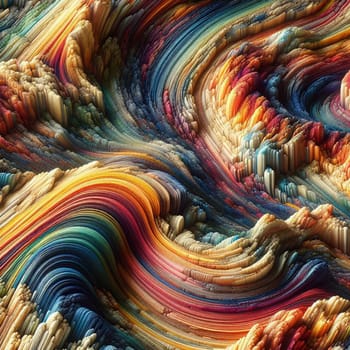 An abstract image of colorful, swirling lines that create a sense of depth and movement. The image resembles a landscape or a fluid, organic form. A high-quality AI-generated photo.