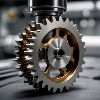 A close-up of two interlocked gears, one silver and the other gold, representing the intricate workings of a machine. The image highlights the detail of engineering. An AI-generated photo.