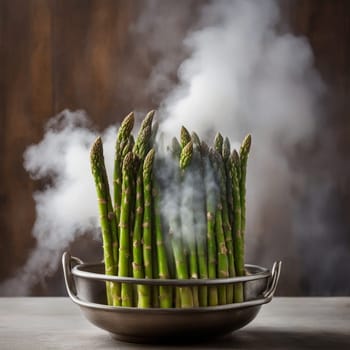 A close-up shot of a bunch of asparagus spears steaming in a metal bowl. The steam is thick and white, creating a sense of warmth and freshness. The scene is set on a gray countertop with a dark brown background. A high-quality AI-generated photo.