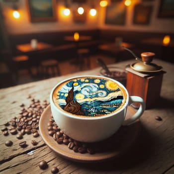 A cup of coffee with a latte art design resembling Vincent van Gogh's Starry Night. The coffee is surrounded by coffee beans and a grinder, suggesting a cozy cafe setting. A high-quality AI-generated photo.
