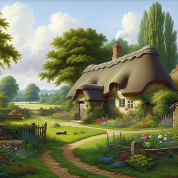 A quaint cottage with a thatched roof, surrounded by a lush garden filled with colorful flowers. The cottage is situated in a tranquil countryside setting, with a path leading up to the front door. A high-quality AI-generated photo.