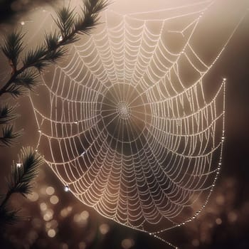 A close-up of a spider web covered in morning dew, capturing the intricate details of the web and the glistening droplets. The image evokes a sense of natural detail. An AI-generated photo.