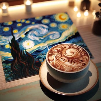 A close-up shot of a cup of cappuccino with latte art resembling Vincent van. The cappuccino is placed next to a framed print of the painting. A high-quality AI-generated photo.