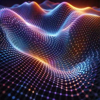 Abstract image of a glowing, colorful mesh network, resembling a digital landscape or a futuristic cityscape. The network is made up of interconnected points of light and lines, creating a sense of depth and movement. A high-quality AI-generated photo.