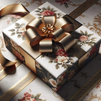 A gift box wrapped in floral patterned paper with a golden ribbon and bow. The image evokes a sense of celebration and luxury. A high-quality AI-generated photo.