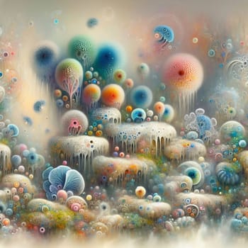 A surreal and whimsical scene with colorful, organic shapes resembling mushrooms or flowers, creating a fantastical and otherworldly landscape. A high-quality AI-generated photo.