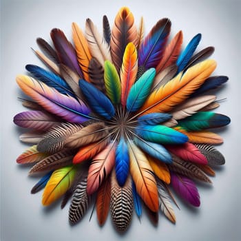 A circular arrangement of colorful feathers, creating a beautiful and intricate pattern. The image represents the beauty and diversity of nature. A high-quality AI-generated photo.