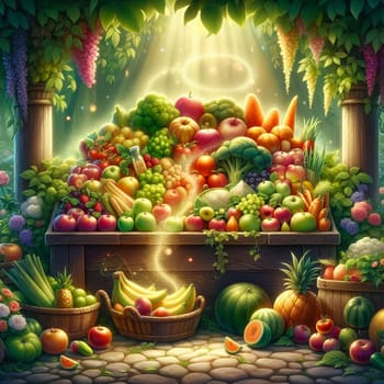 A whimsical illustration depicting a magical fruit and vegetable stand, overflowing with a colorful assortment of fruits and vegetables. The scene is set in a lush, green garden with blooming flowers and a magical glow emanating from the produce. A high-quality AI-generated photo.