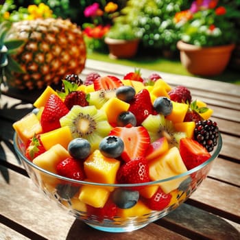 A bowl of fresh fruit salad, featuring a mix of mango, pineapple, strawberry, kiwi, and blueberries. The salad is placed on a wooden table with a blurred background of a sunny garden. A high-quality AI-generated photo.