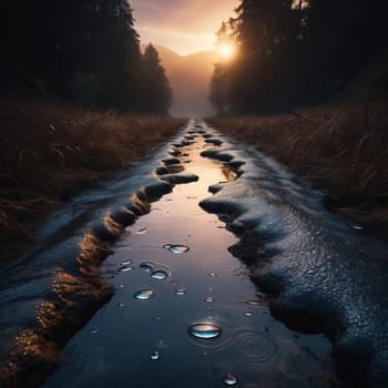 A serene landscape of a path through a foggy forest at sunrise, with raindrops falling on the water. The sun is shining through the trees, creating a golden glow. A high-quality AI-generated photo.